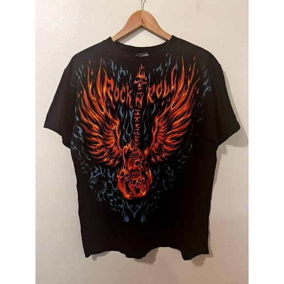 Men's Liquid Blue Fire Skull Rock N Roll Guitar Tee Size L [EXCELLENT] - Picture 1 of 6